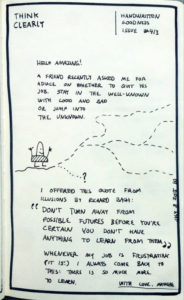 Photo of a Think Clearly handwritten newsletter created by Mathias Jakobsen