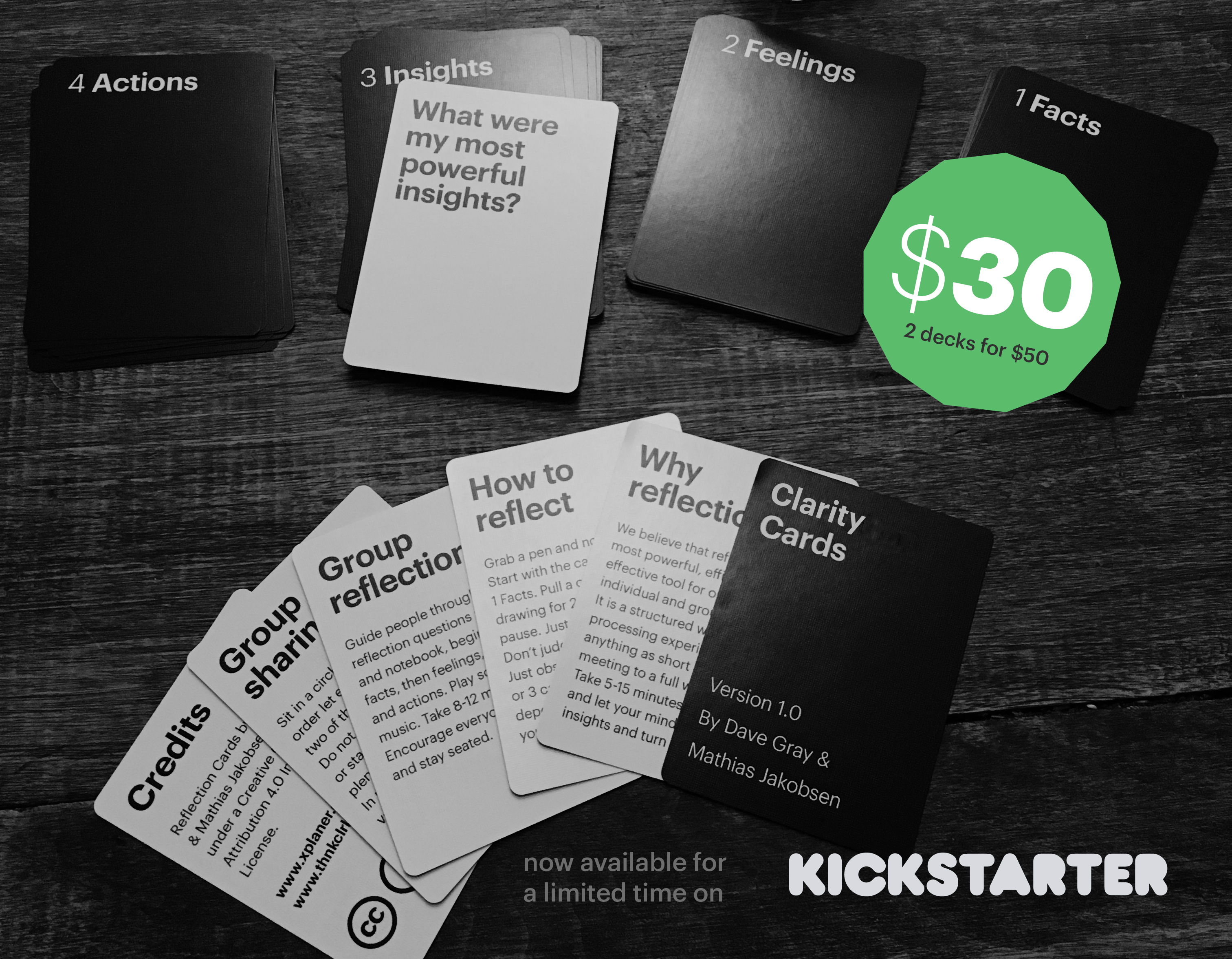 Photo of the Clarity Cards created by Mathias Jakobsen (Think Clearly) and Dave Gray (Xplane) is a deck of cards with reflection questions that helps you learn individually and as a group.